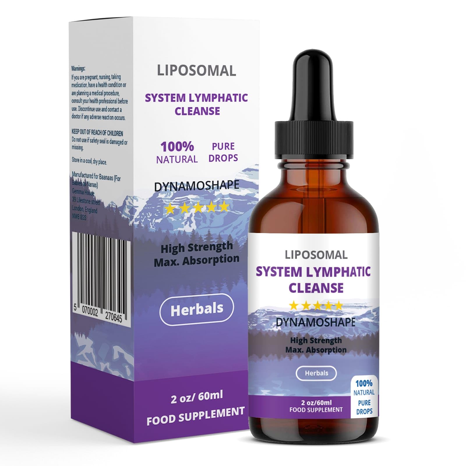 Baanaas Drainage lymphatique, bouteille et pipette pour dosage précis.