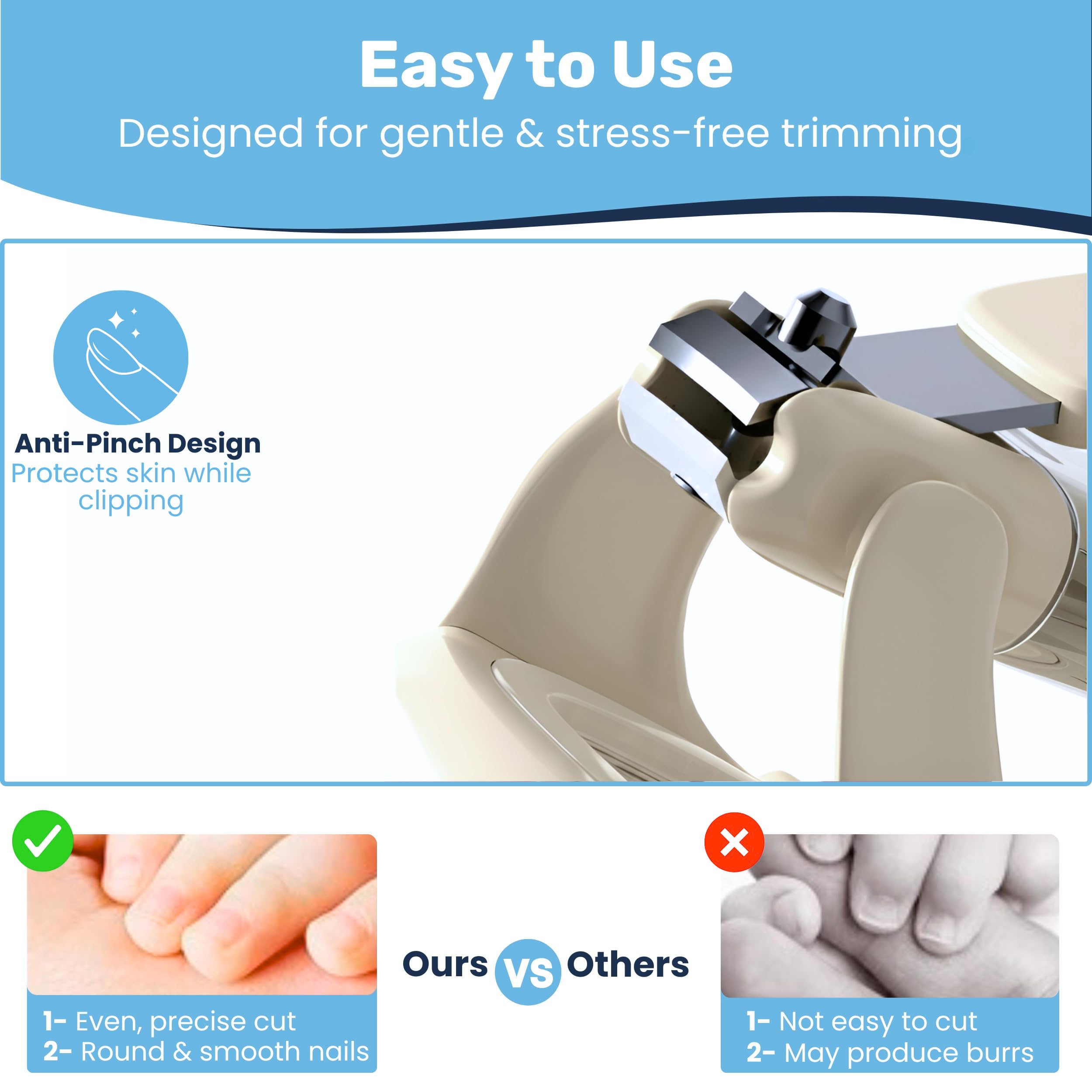 Baby Proof Me collecteur intégré évite les débris autour des ongles.