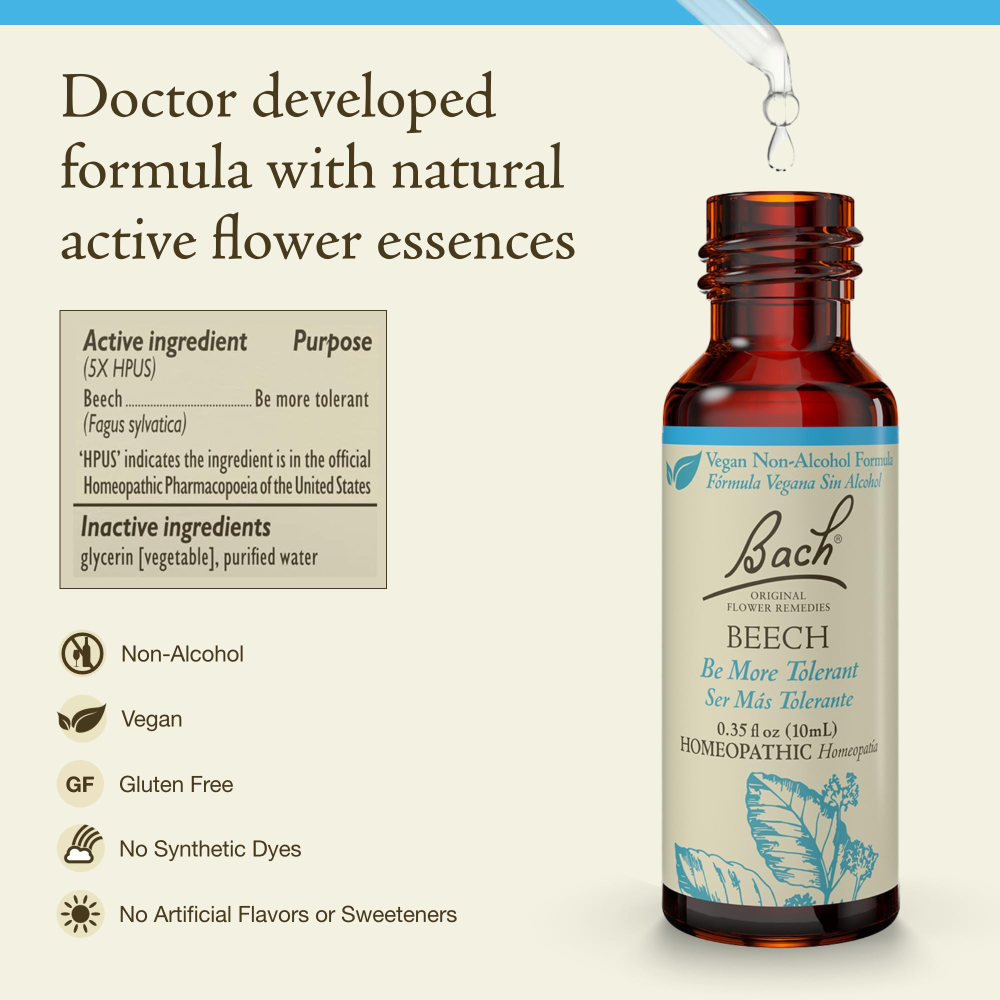 Bach Beech – étiquette du remède floral sans alcool, clair et informatif.