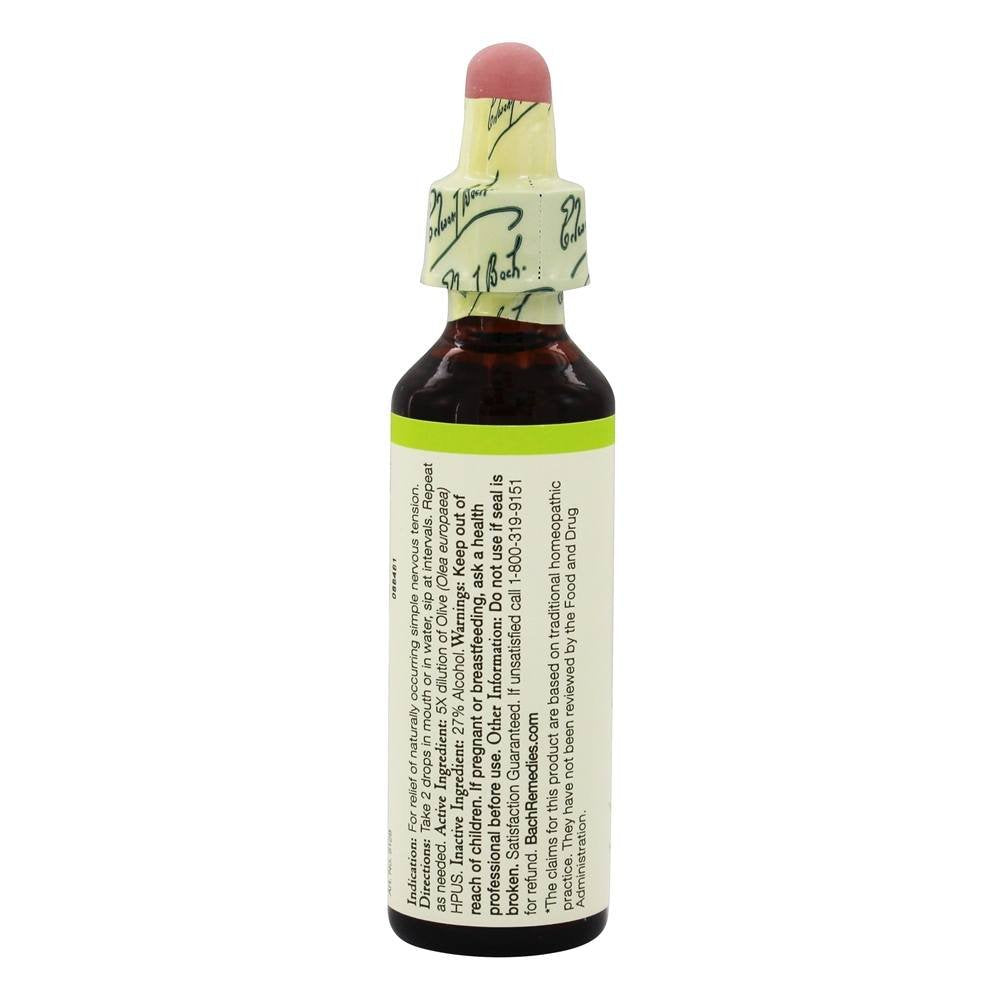 Bach Fleurs Olive: pipette près de la boîte, routine émotionnelle équilibrée.