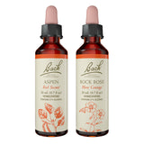 Bach Original Flower Remedies – deux bouteilles Rock Rose et Aspen, soutien émotionnel potentiel.