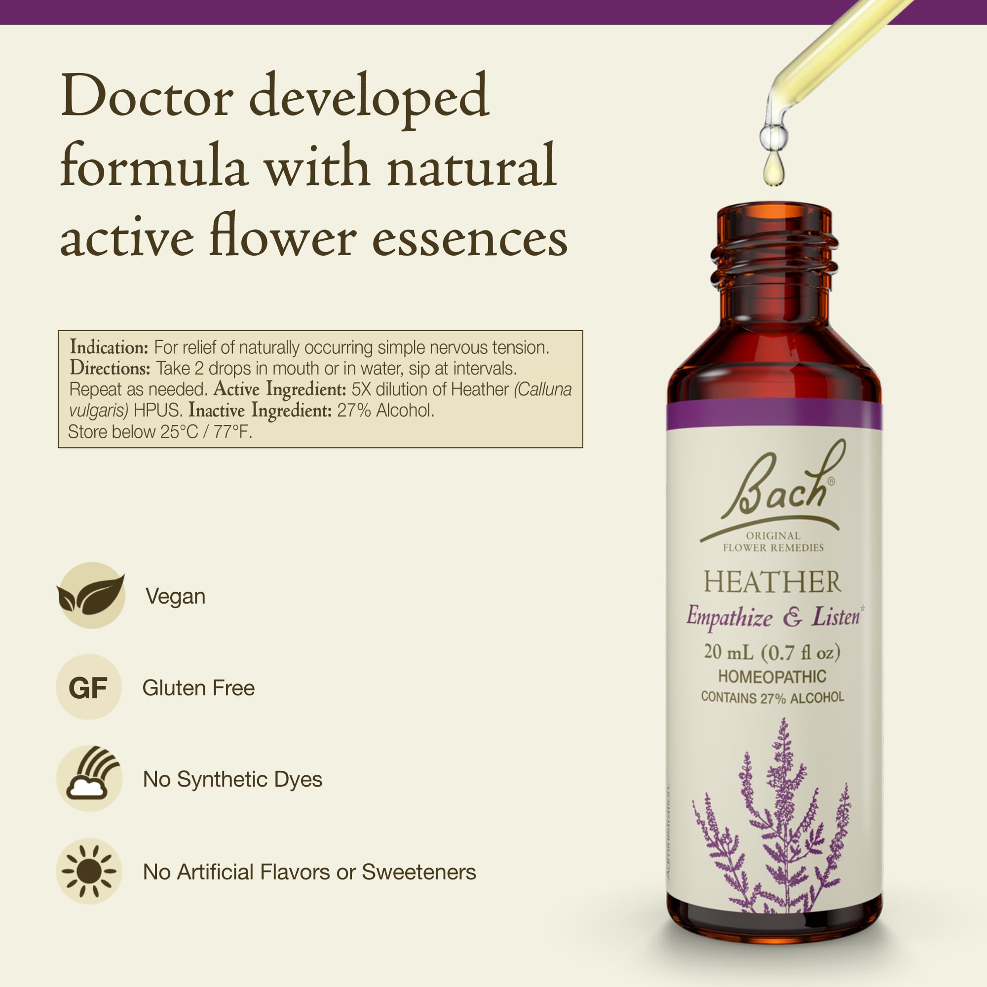 Bach Heather, emballage et étiquette vegan et sans allergènes.