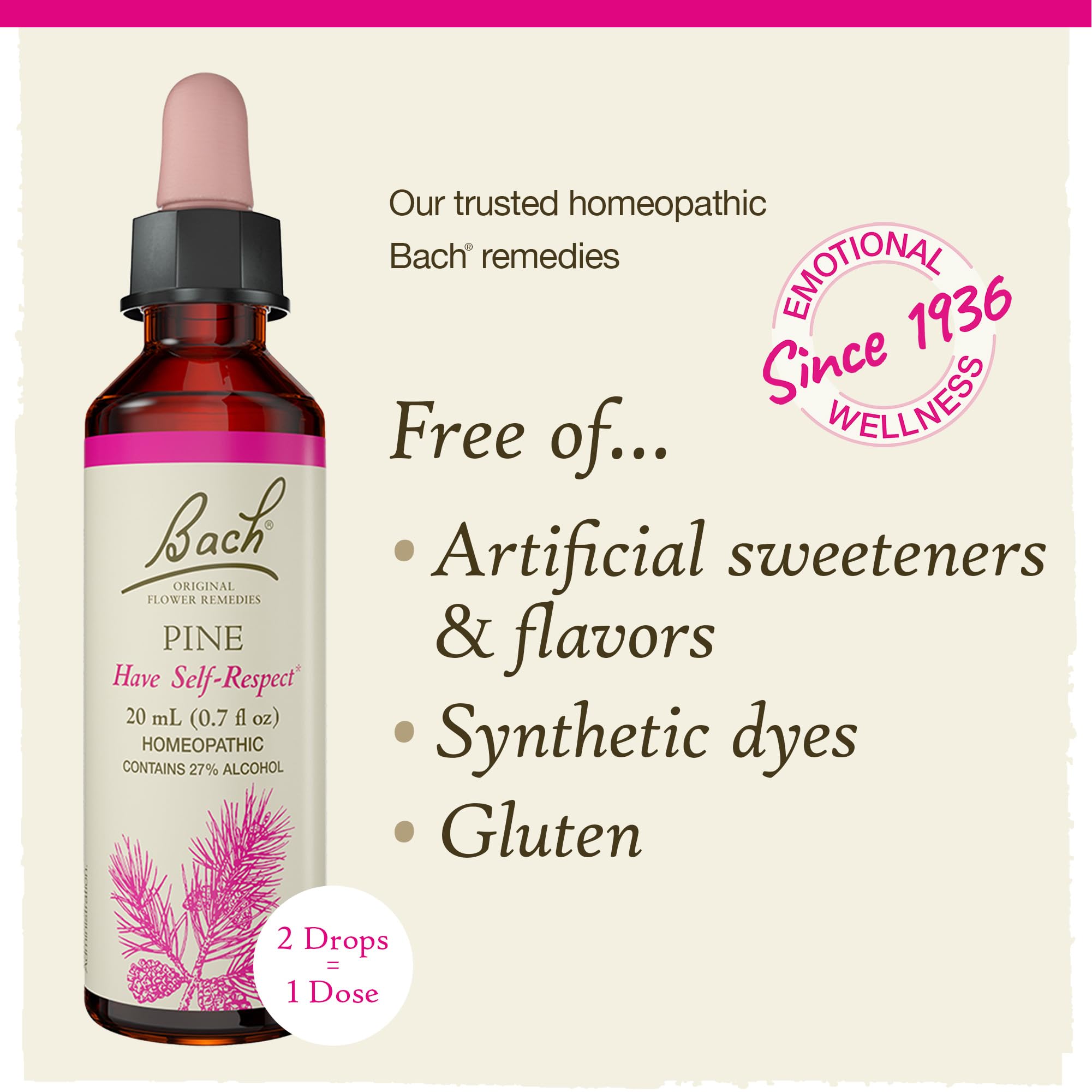 Pine Bach: remède floral naturel, vegan et sans allergènes.