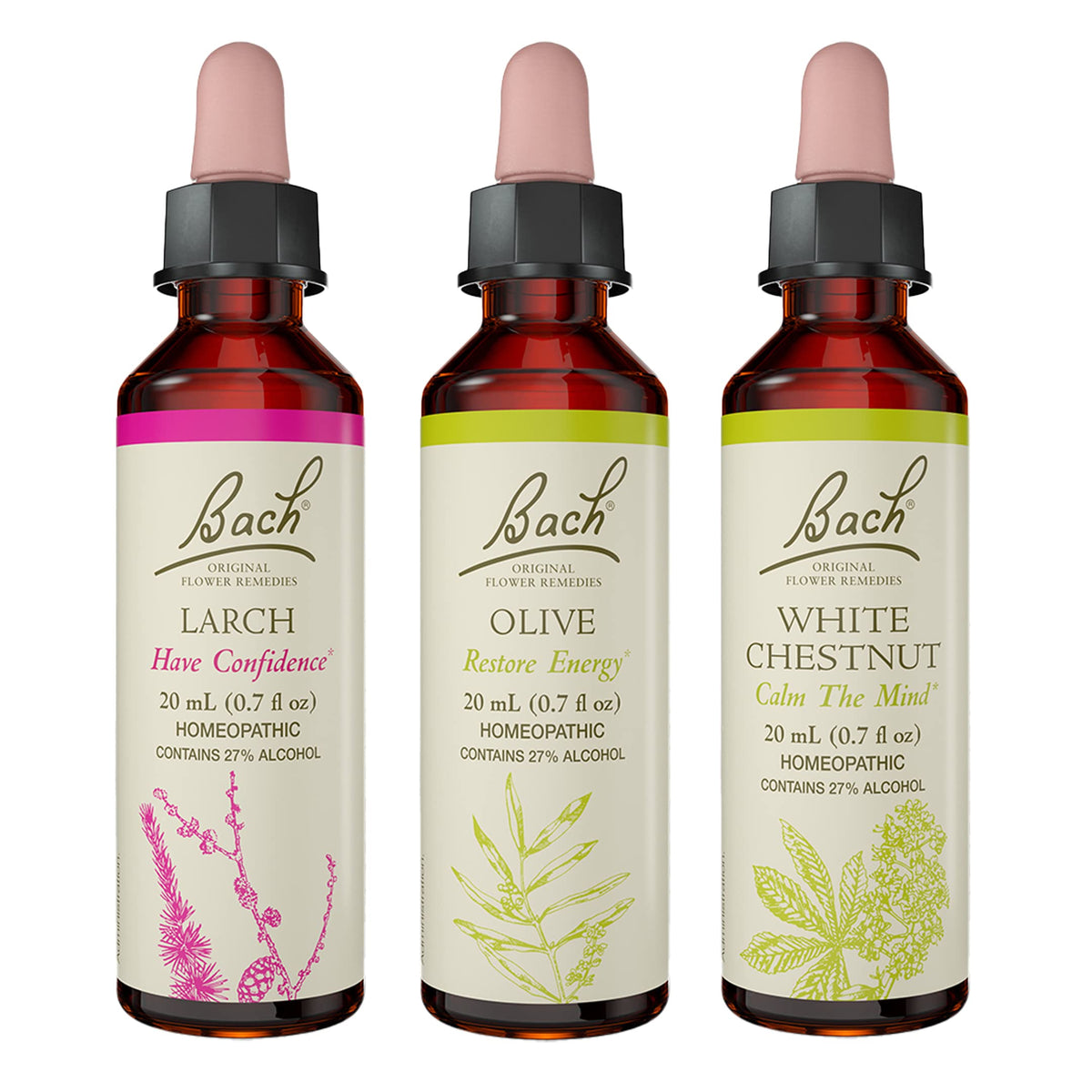 Trio Meleze Olive Chataigne blanche de Bach pour un équilibre émotionnel potentiel.