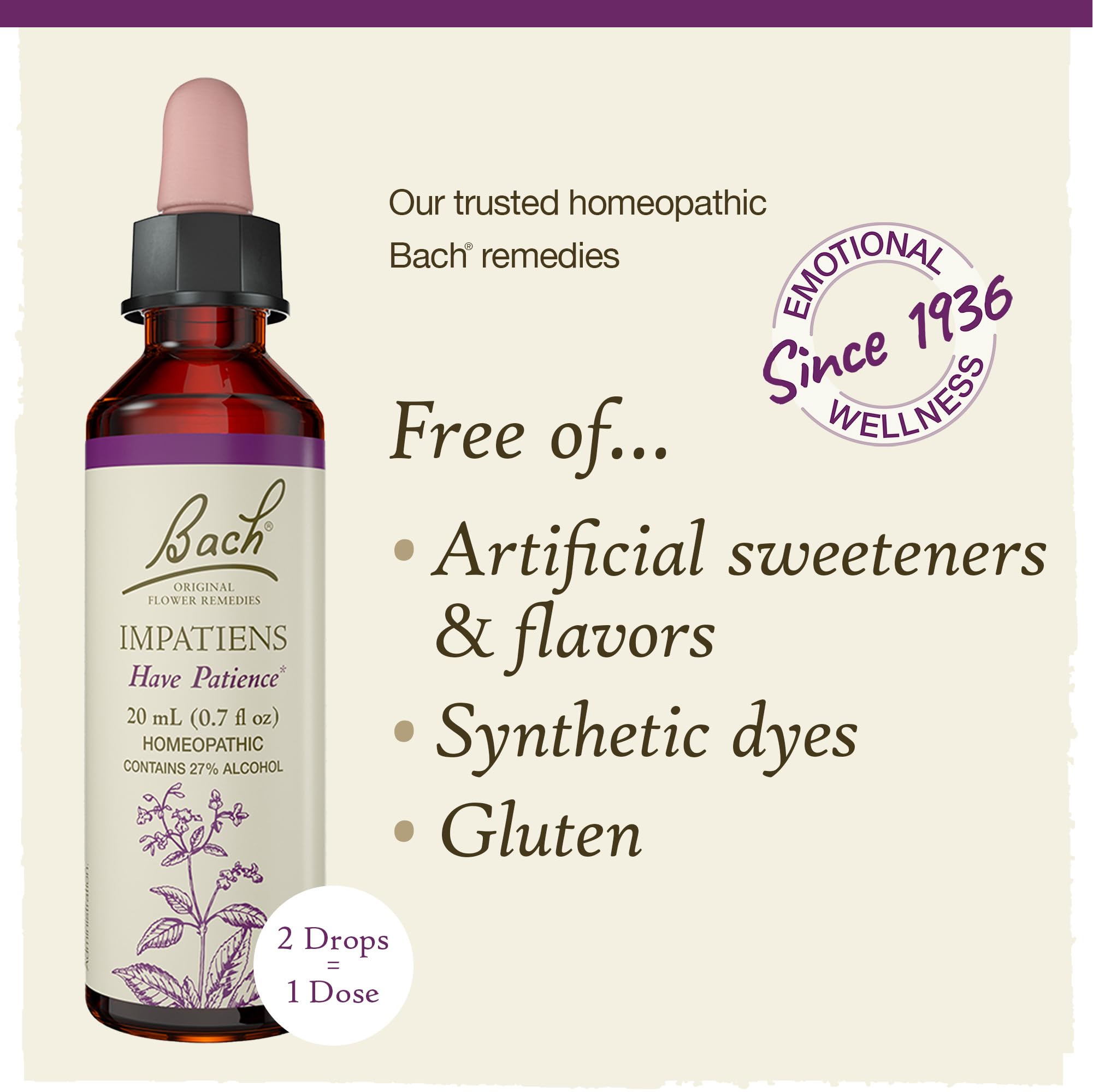 Ingrédients naturels d'Impatiens Bach, formulation végane et sans allergènes majeurs.