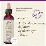Ingrédients naturels d'Impatiens Bach, formulation végane et sans allergènes majeurs.