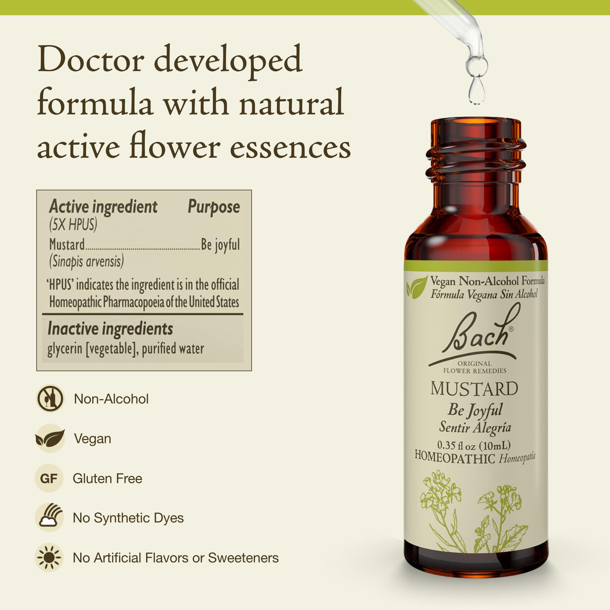 Gouttes Moutarde Bach Remedies versées dans un verre d'eau, usage simple.