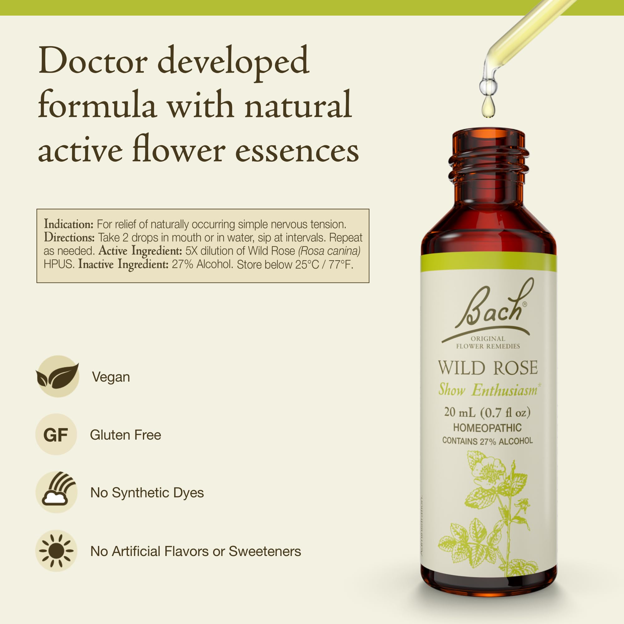 Rose Sauvage Bach Remedies, gouttes dans le flacon facilitant l'équilibre émotionnel.