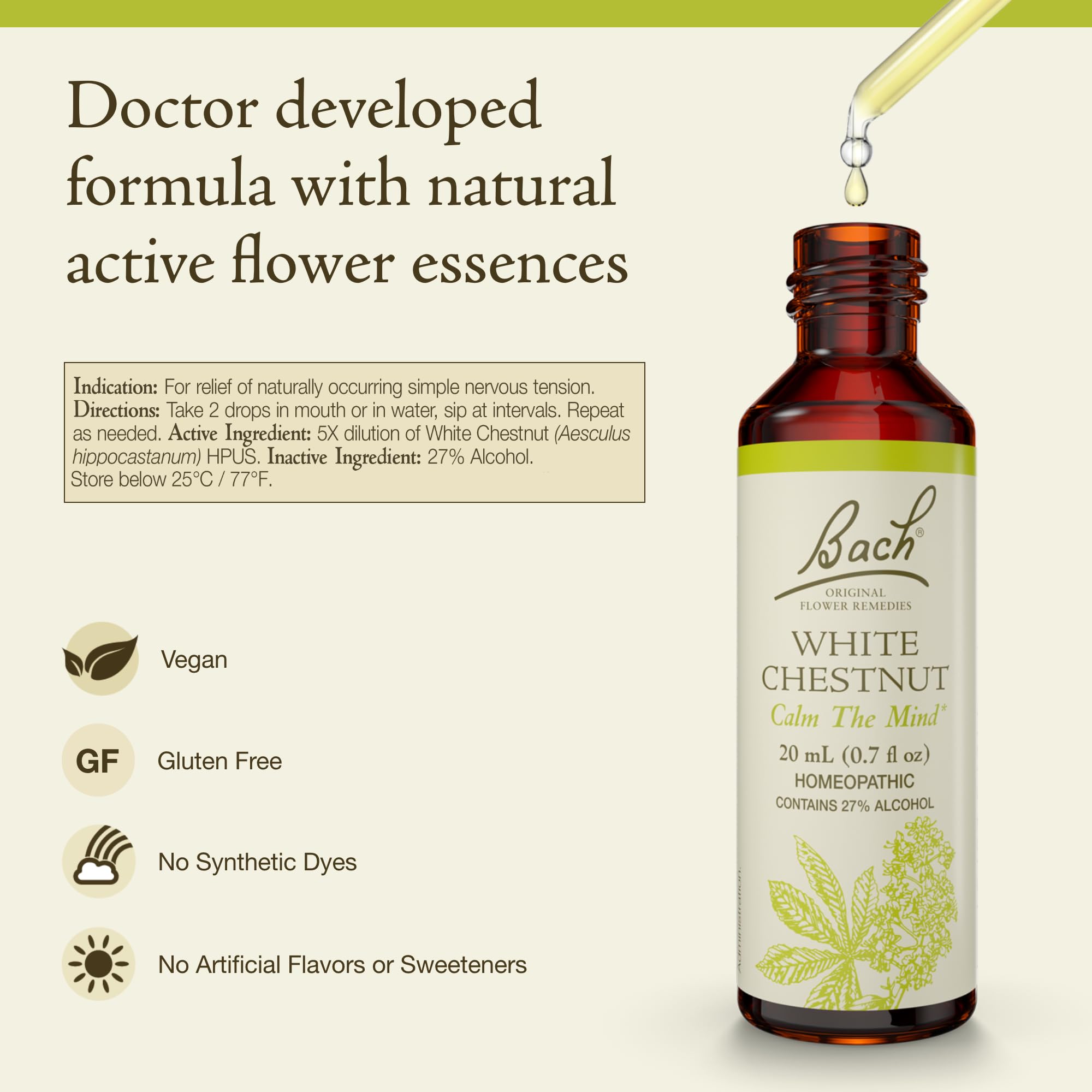 Bach Remedies White Chestnut gouttes sous-langue pour calmer les pensées répétitives.