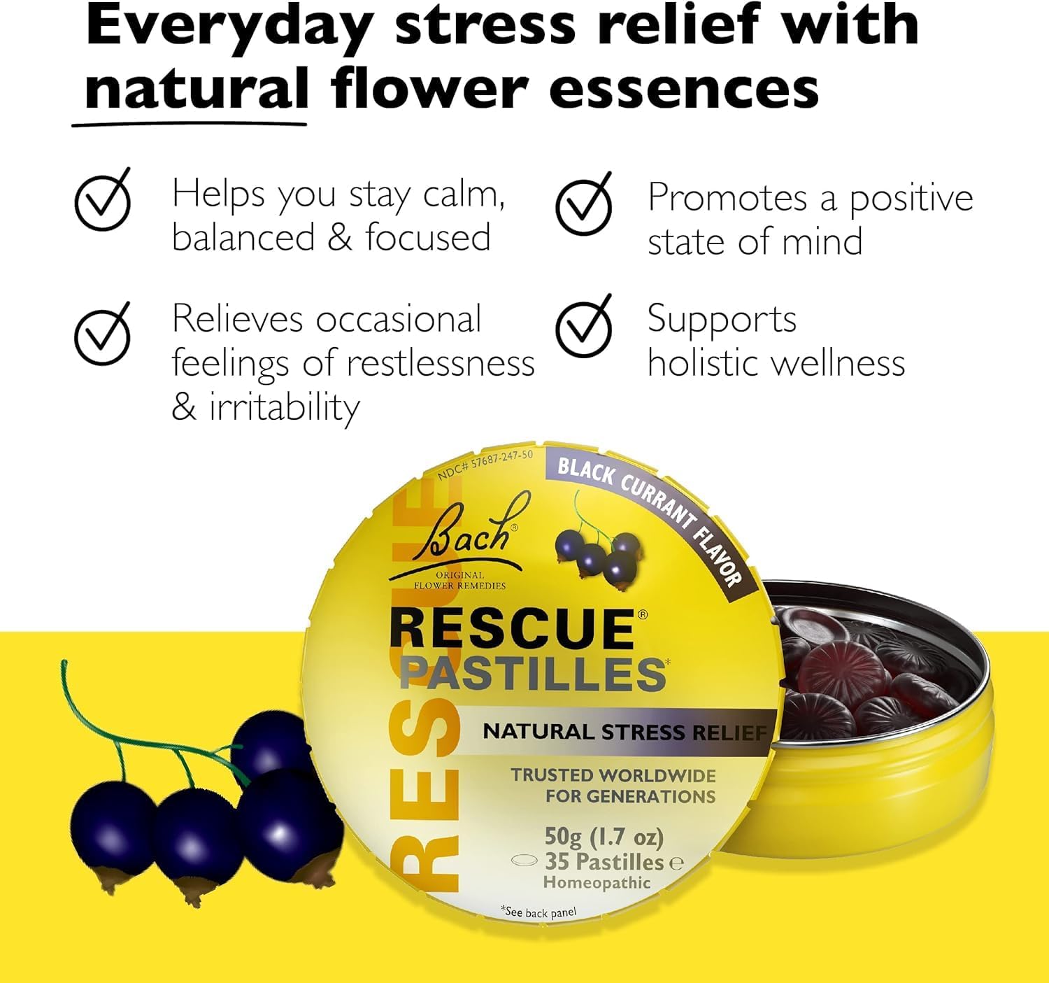 Pastilles RESCUE Bach sans sucre, format pratique pour les moments de tension