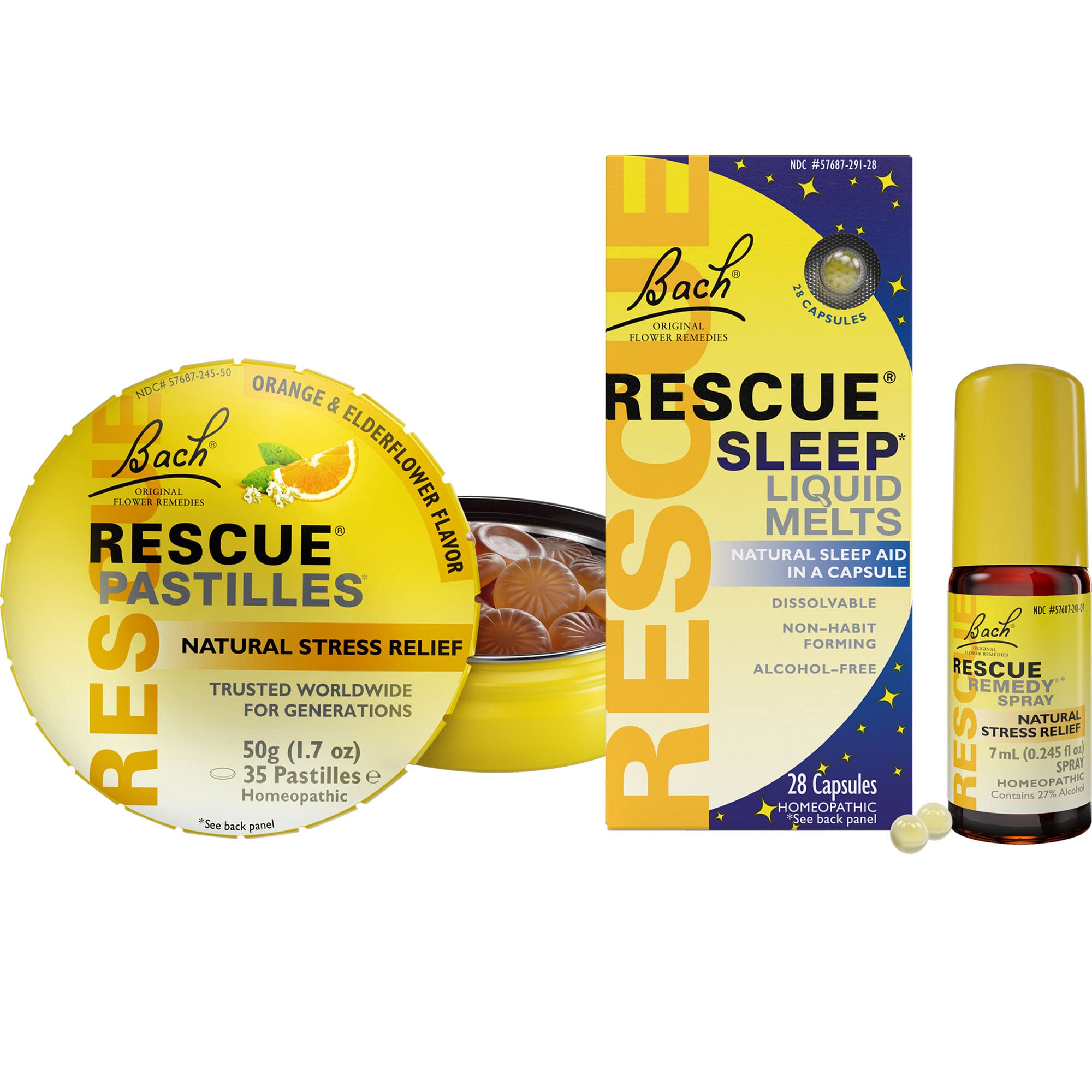 Pastilles Rescue de Bach, saveur orange et fleur de sureau, bénéfice potentiel contre le stress.