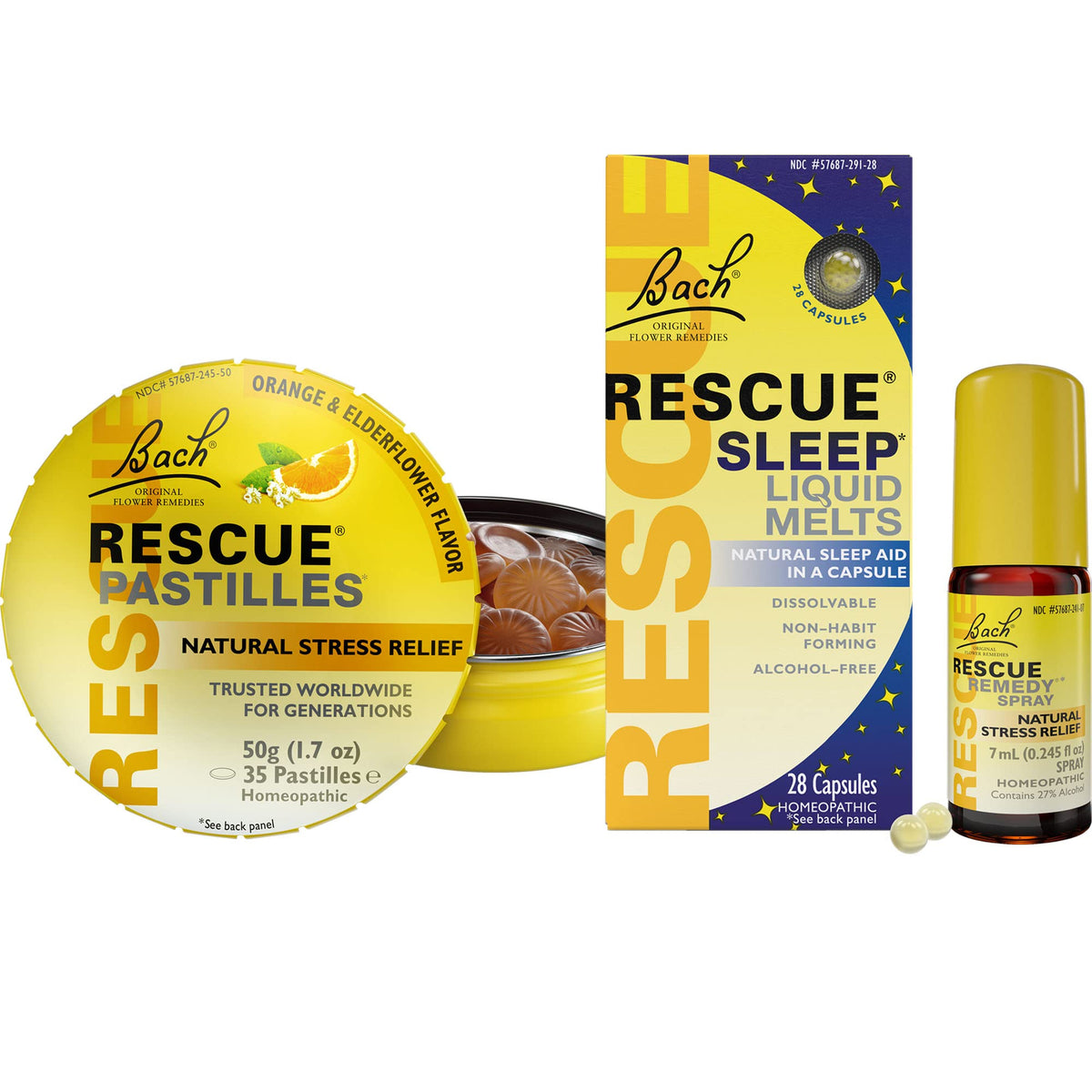 Pastilles Rescue de Bach, saveur orange et fleur de sureau, bénéfice potentiel contre le stress.