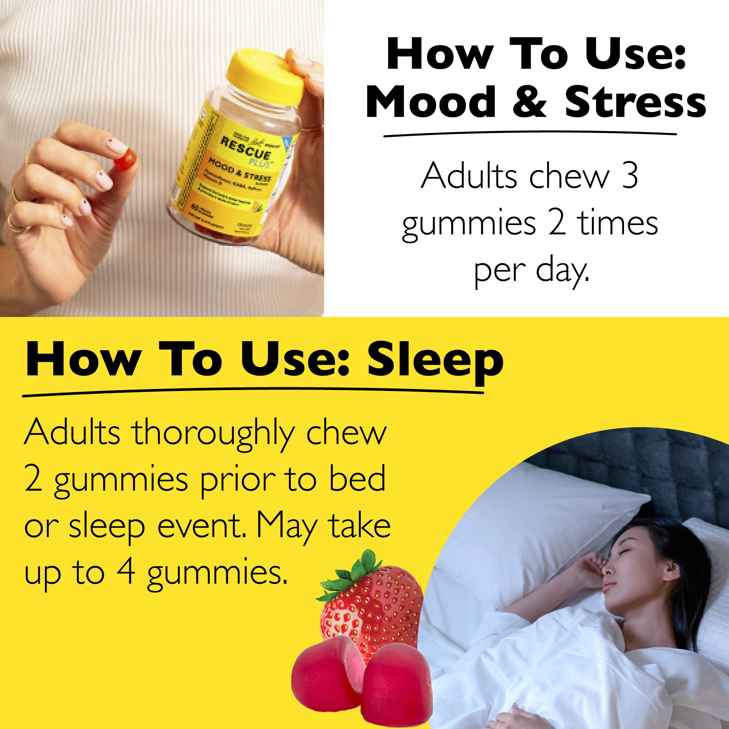 Bach Rescue Plus Sleep Gummies, routine nocturne montrée, aide potentielle à l’endormissement.