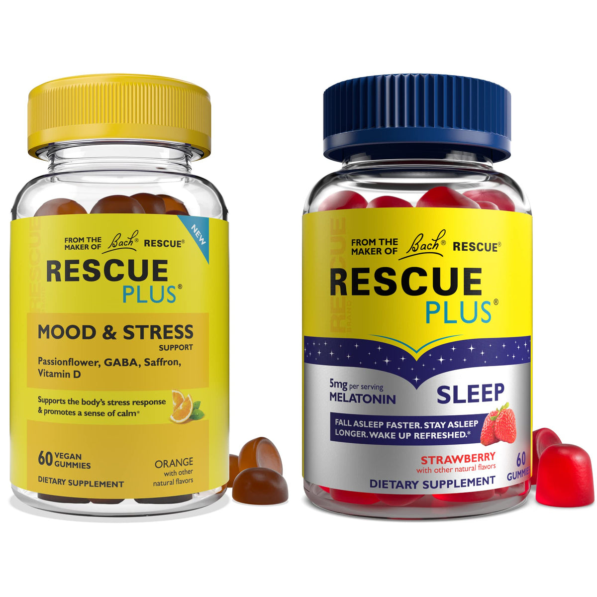 Bach Rescue Plus Mood & Stress Gummies, bouteille visible, soutien potentiel au stress.
