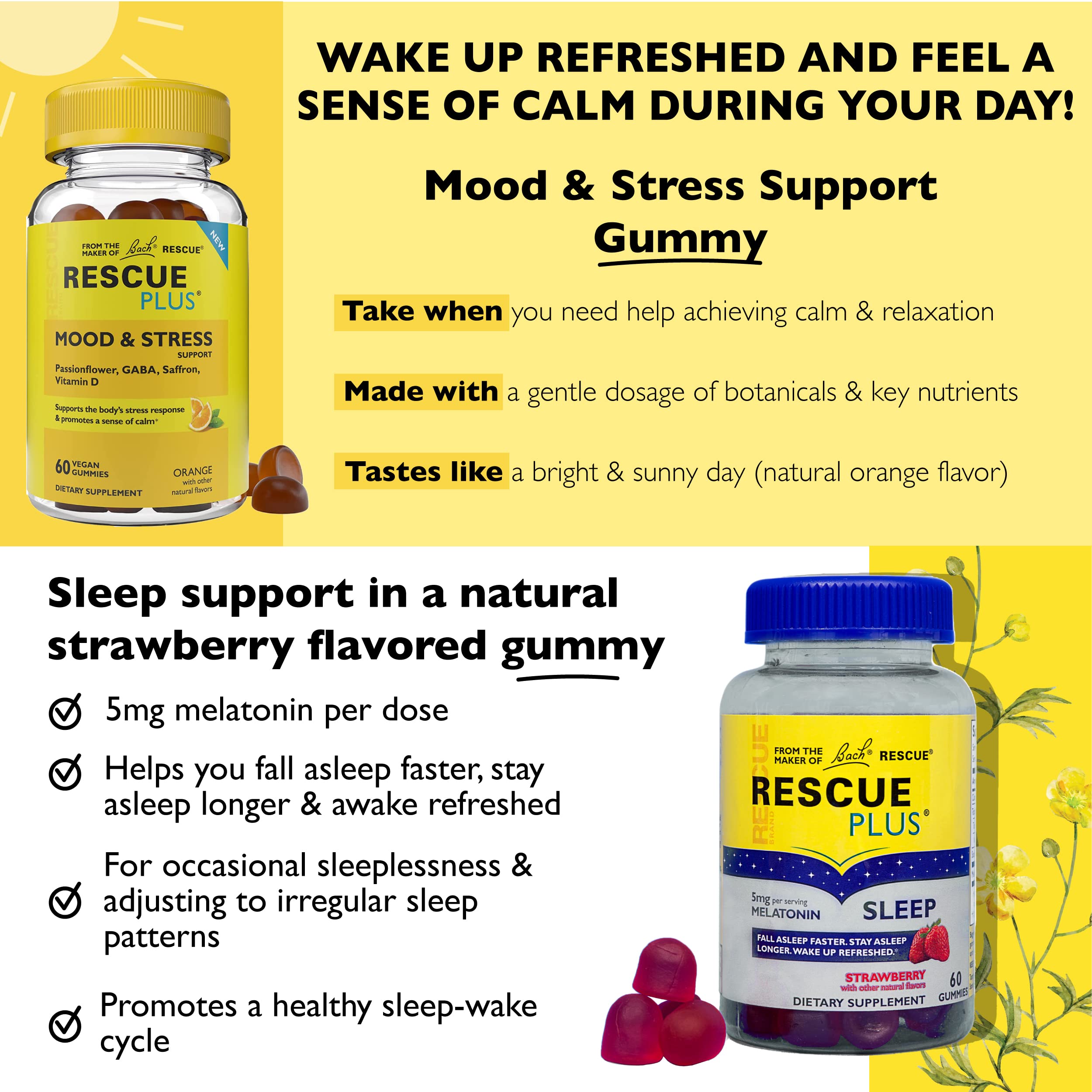 Ingrédients des Bach Rescue Plus Mood & Stress Gummies, liste visible.