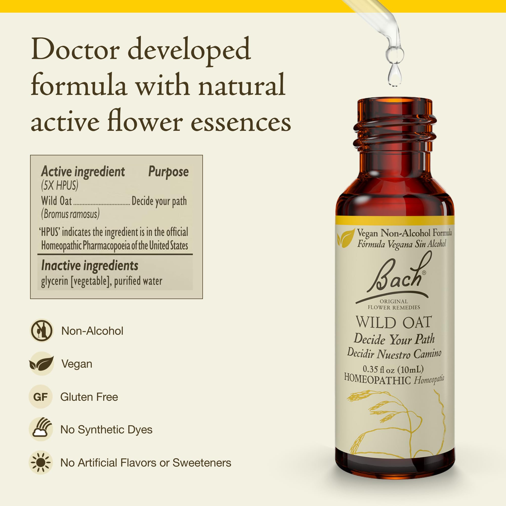 Bach Wild Oat, flacon-gouttes-clarte, aide à envisager son chemin avec discernement.
