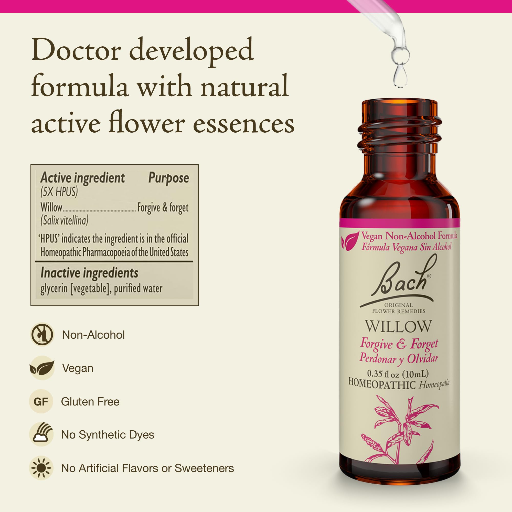 Élixir floral Willow, flacon 10 mL, soutient une attitude légère face aux contrariétés.