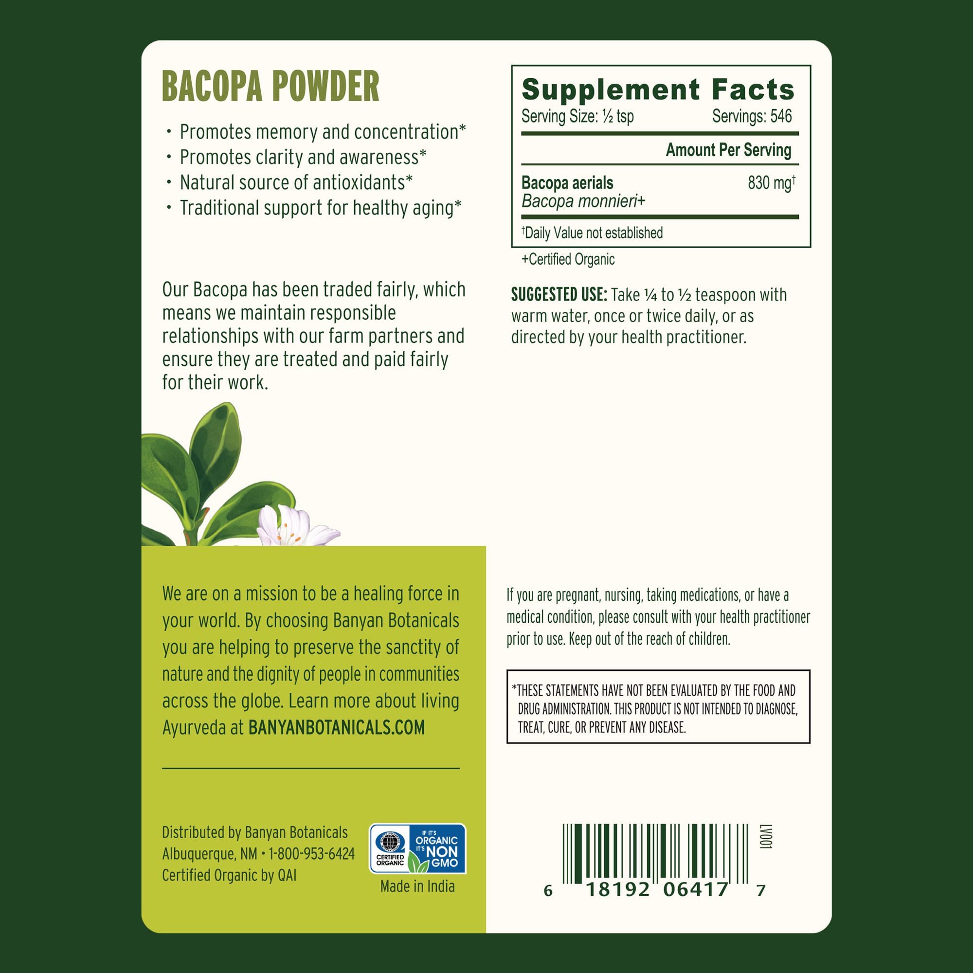 Poudre Bacopa Banyan Botanicals prête à être diluée dans eau chaude – concentration