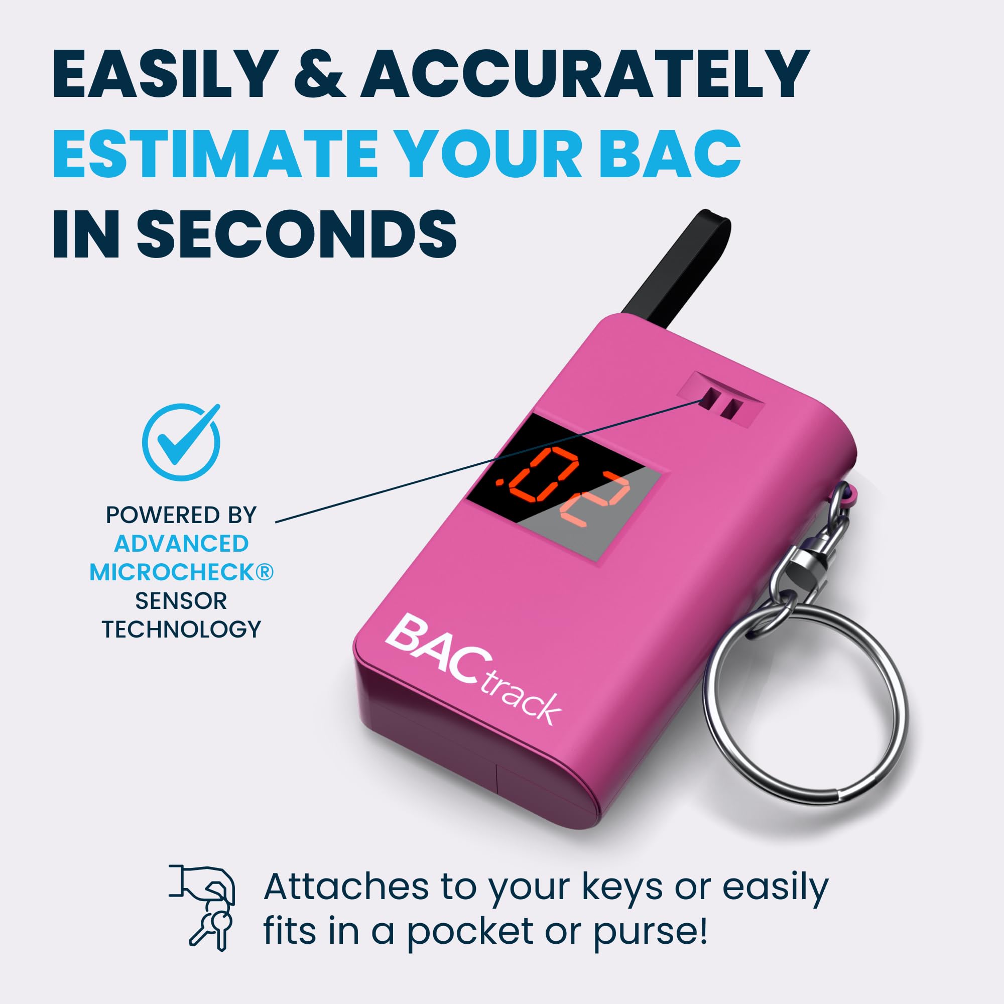 BACtrack affichage rose, l'écran montre rapidement le résultat d'alcoolémie.