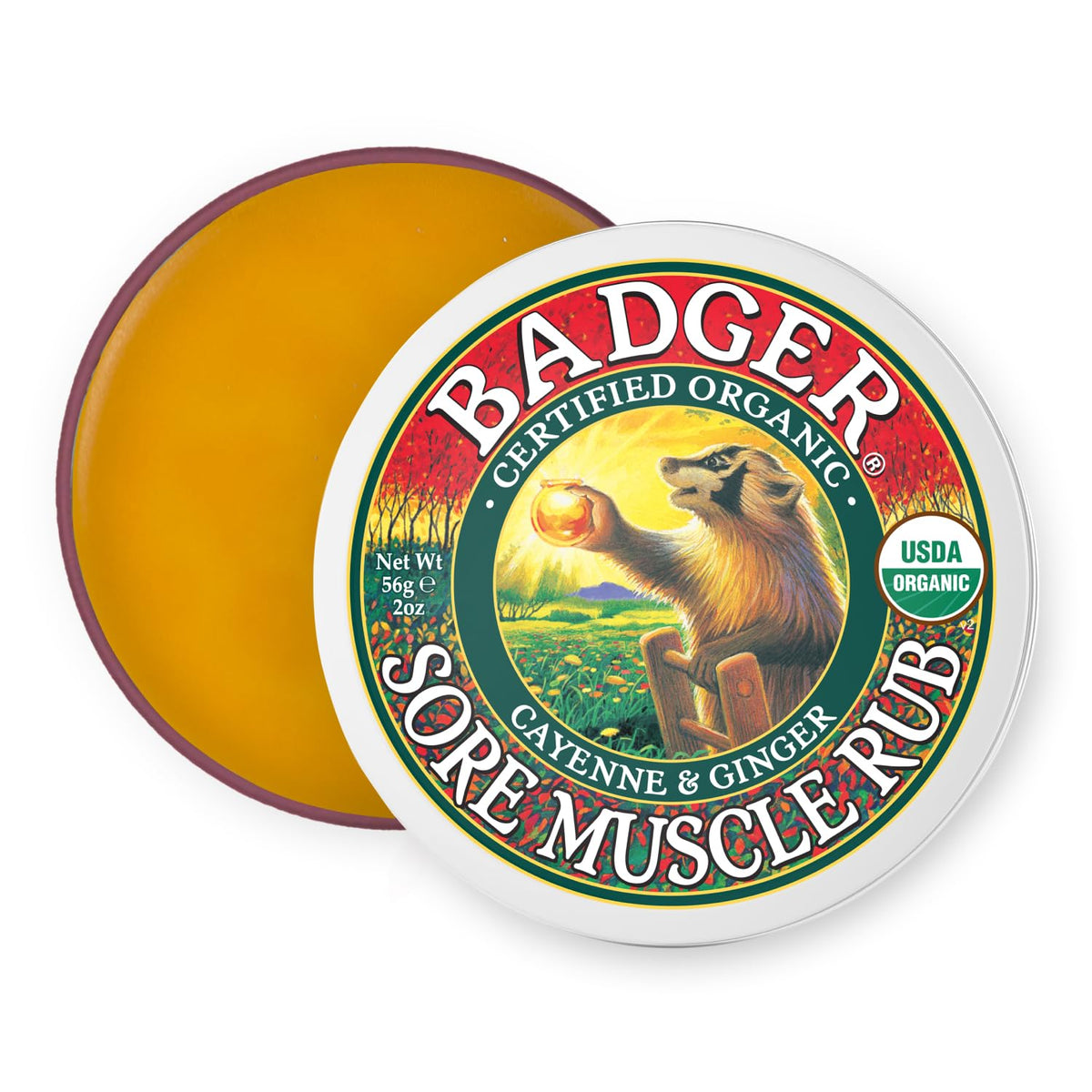 Baume Badger pour les muscles, pot prêt à l’emploi après l’entraînement.