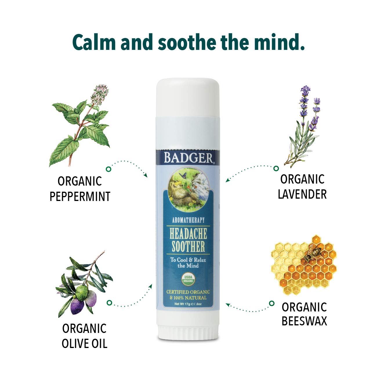 Badger Headache Soother – ingrédients botaniques sans additifs artificiels.