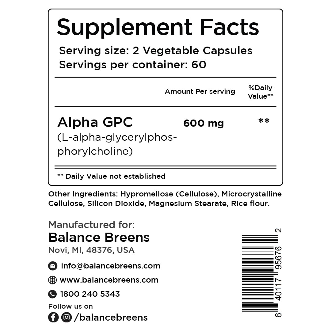 Balancebreens Alpha GPC – emballage contenant 120 gélules véganes.
