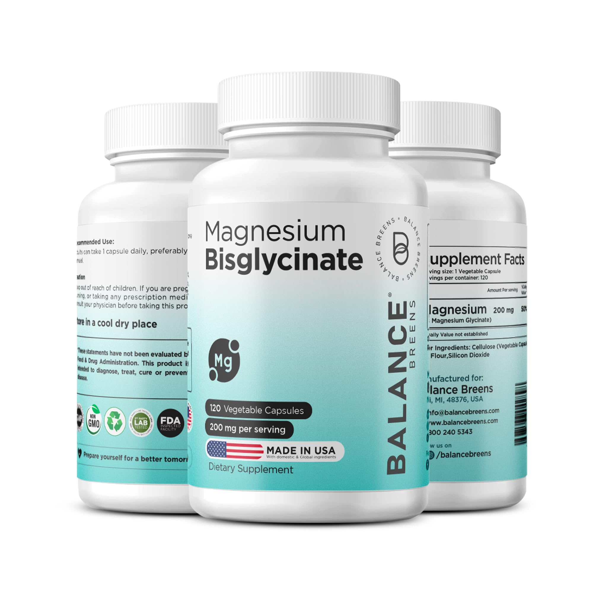 Balancebreens Magnesium Bisglycinate 200mg – bouteille et biodisponibilité élevée.