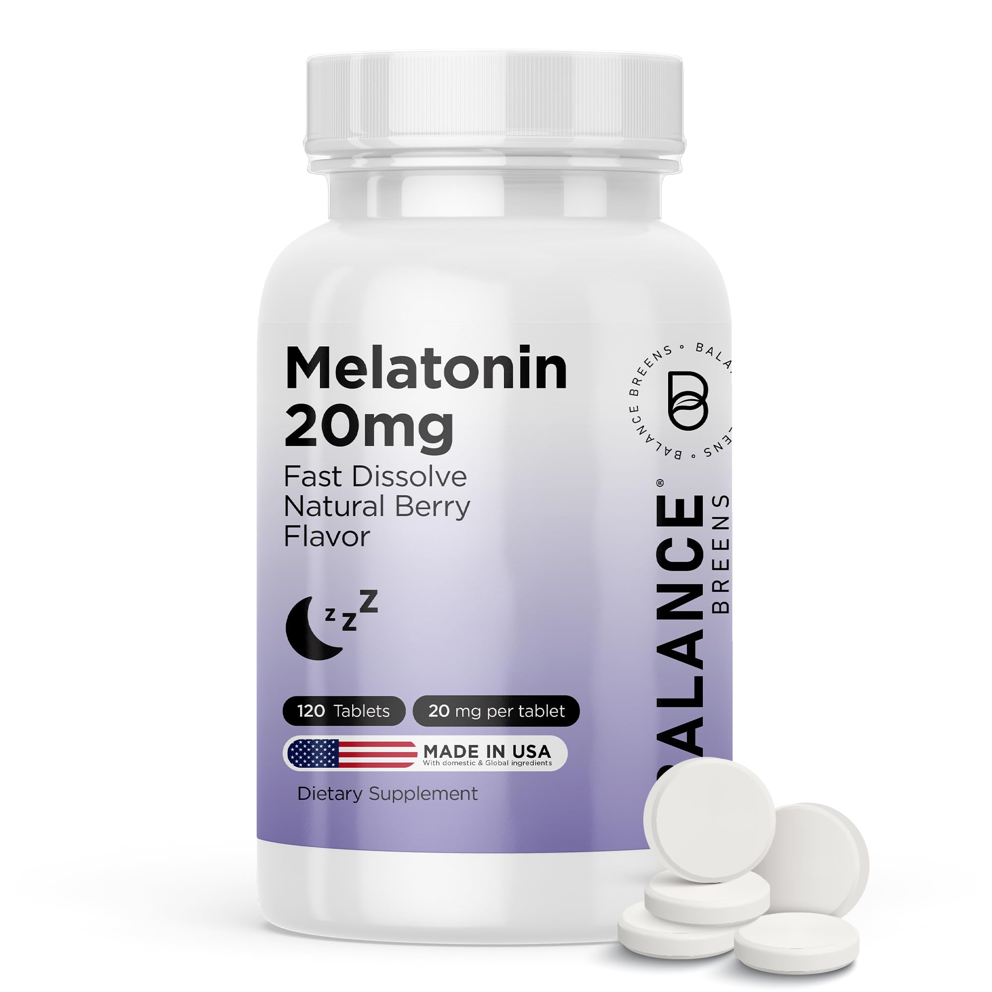 Balancebreens Mélatonine 20 mg – bouteille avec comprimés à dissolution rapide pour endormissement rapide.