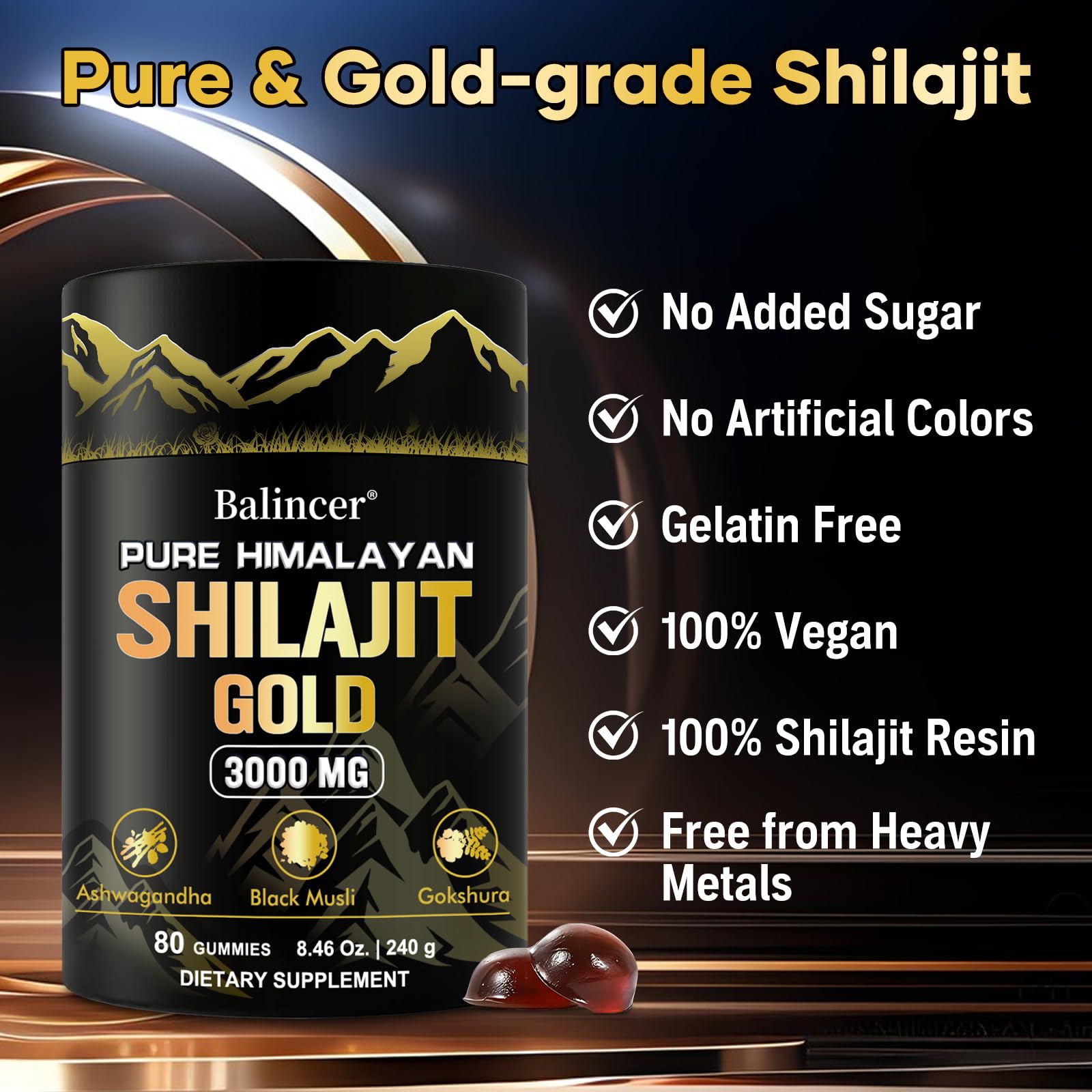 Balincer Pure Shilajit Gummies – sac voyage, à emporter partout.