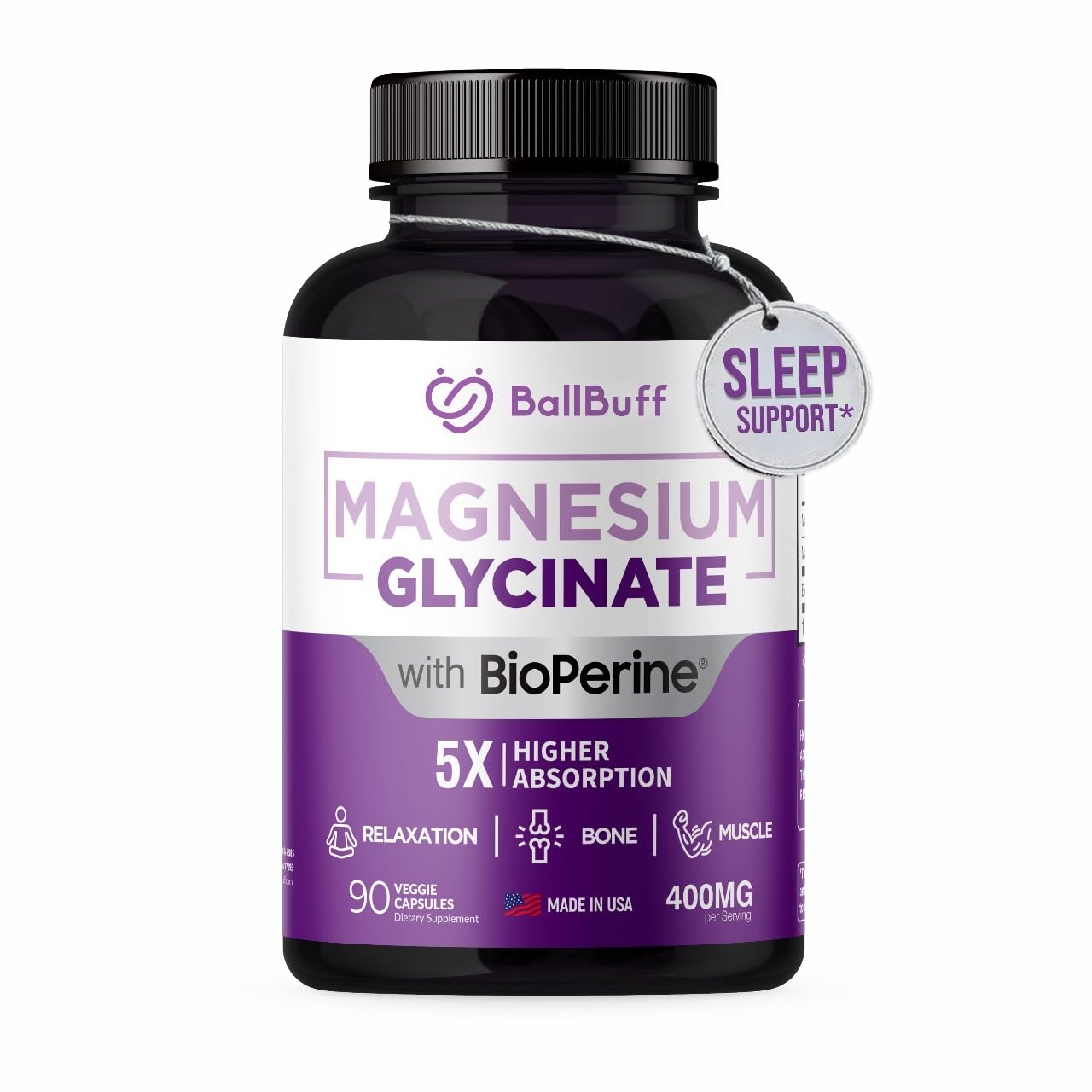 BallBuff Magnésium Glycinate 400mg – bouteille visible, soutien potentiel au bien-être général.