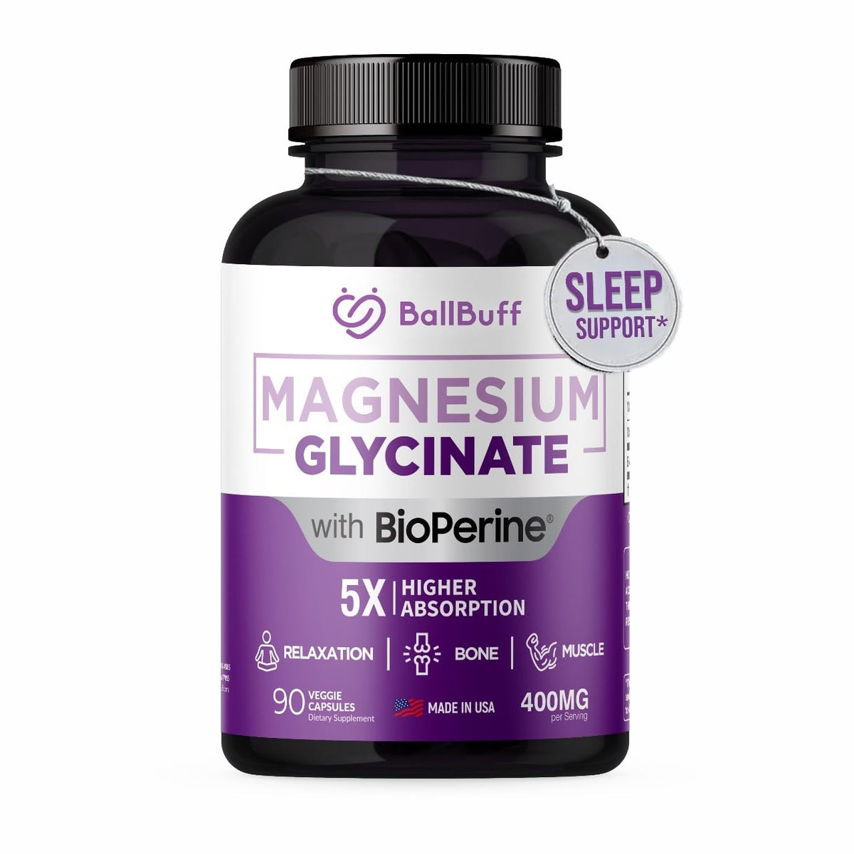 BallBuff Magnésium Glycinate 400mg – bouteille visible, soutien potentiel au bien-être général.