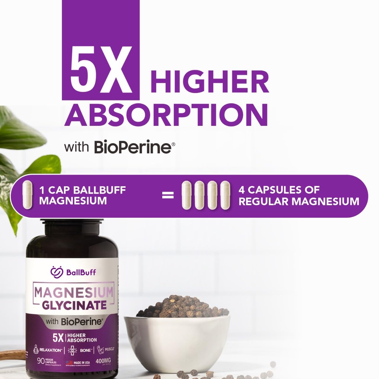 BallBuff Magnésium Glycinate 400mg – gélules visibles pour absorption potentiellement élevée.