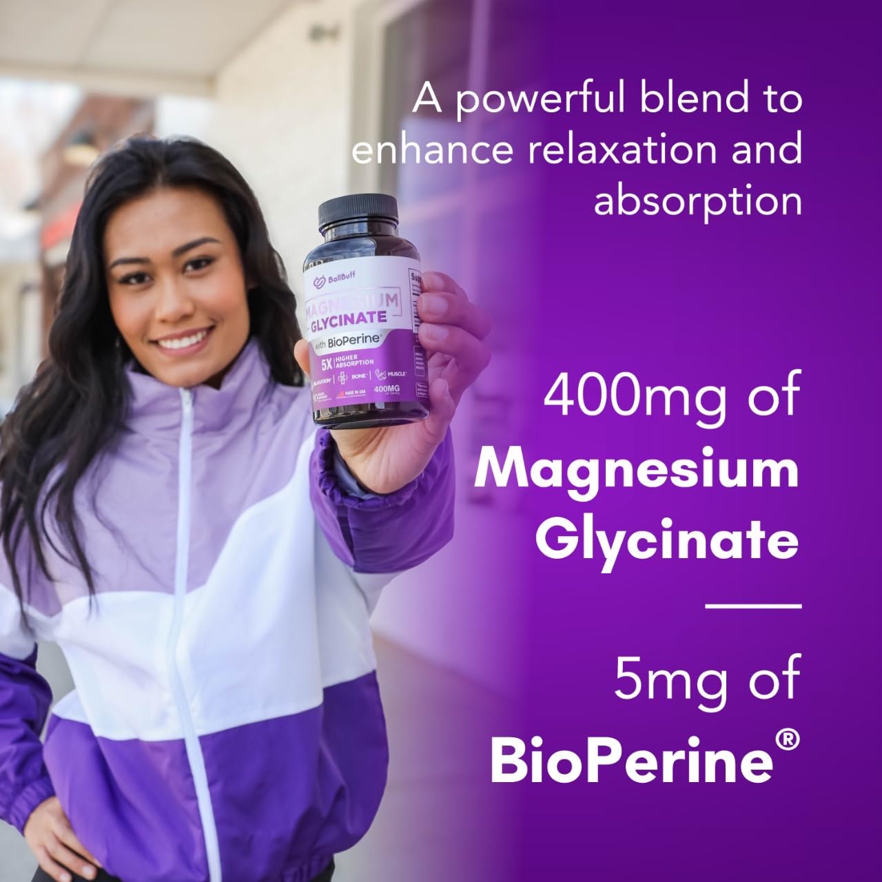 BallBuff Magnésium Glycinate 400mg – prise en soirée favorisant détente et sommeil.