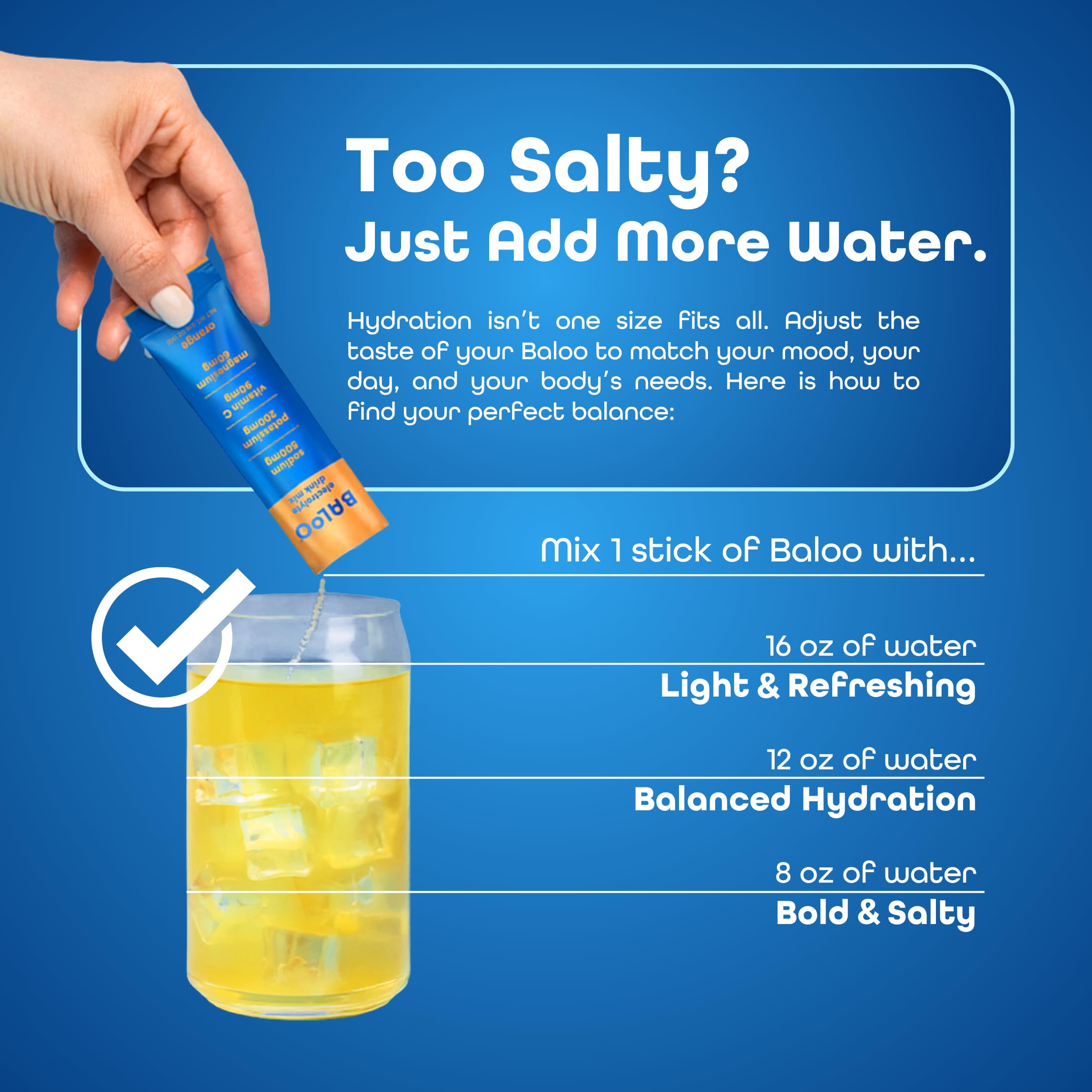 Baloo Électrolytes avec un verre d'eau – idéal après l'activité pour l'hydratation.