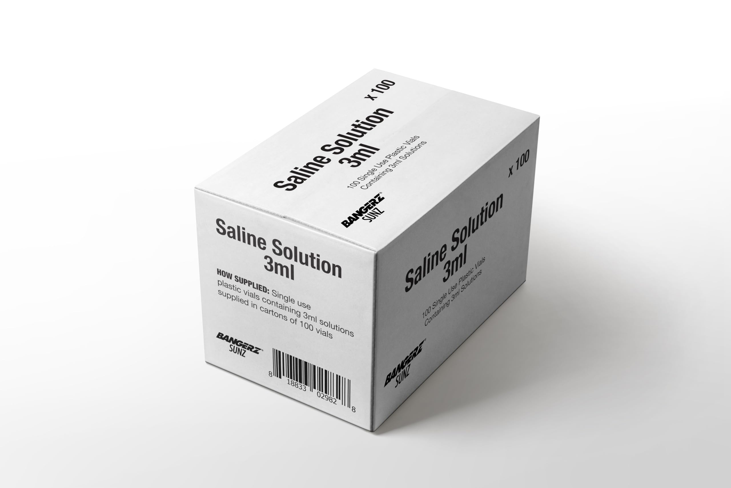 Boîte de 100 doses saline Bangerz Sunz, rangement facile pour la maison.