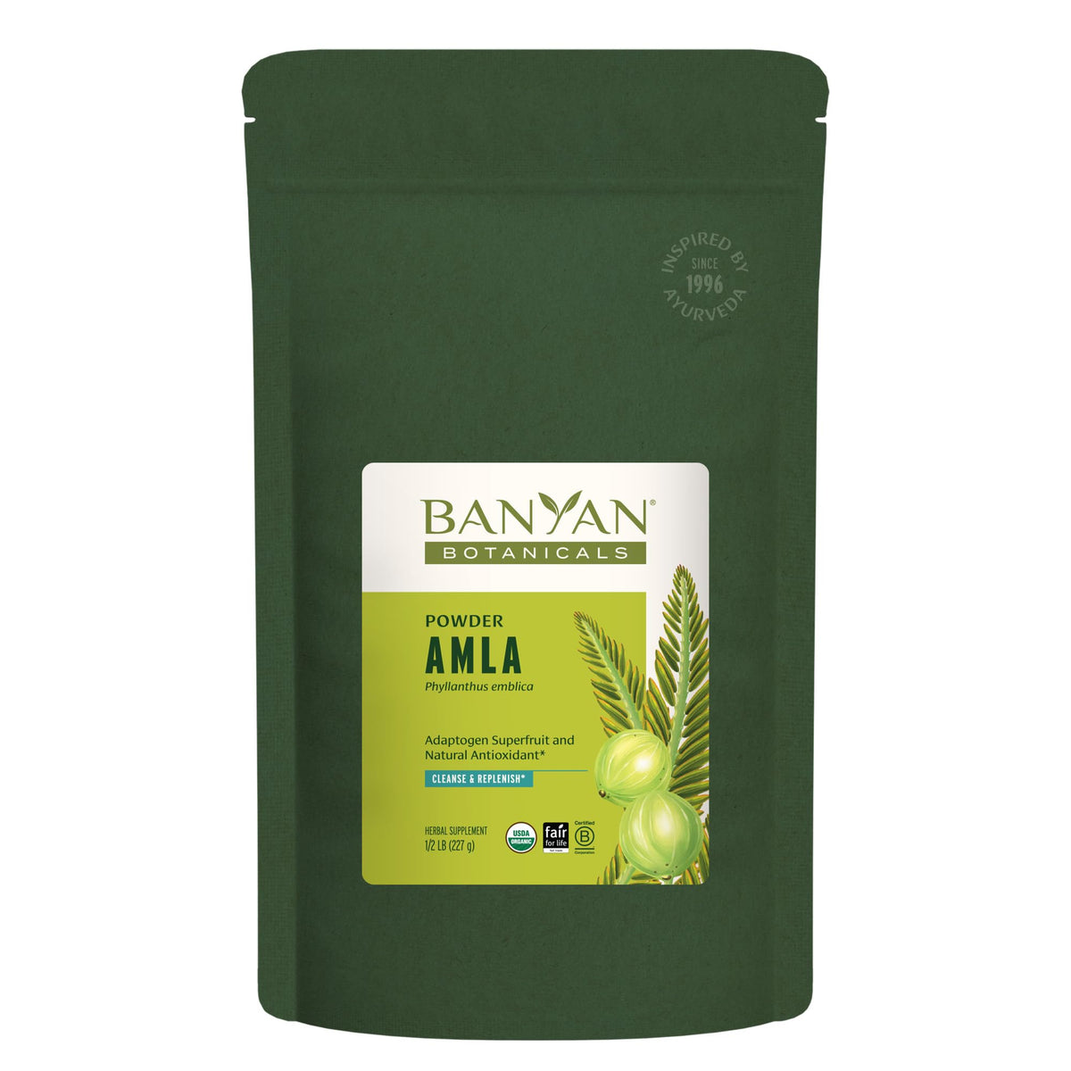 Poudre d'amla Banyan Botanicals en bouteille, soutien potentiel à la digestion.
