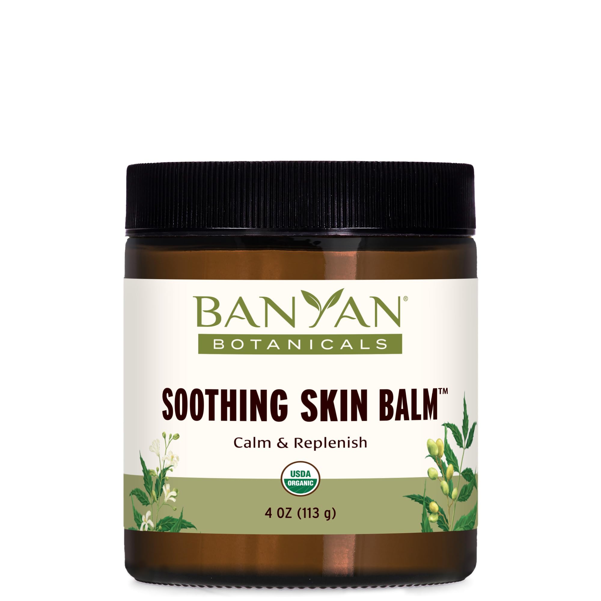 Baume apaisant Banyan Botanicals dans sa bouteille, idéal pour peau irritée.