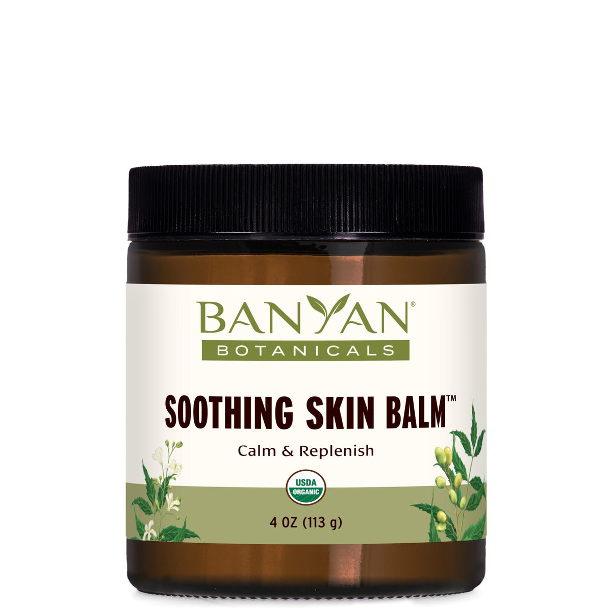 Baume apaisant Banyan Botanicals dans sa bouteille, idéal pour peau irritée.