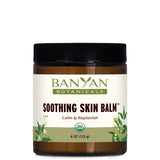 Baume apaisant Banyan Botanicals dans sa bouteille, idéal pour peau irritée.
