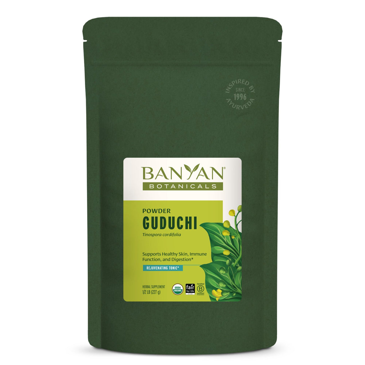 Guduchi en poudre par Banyan Botanicals, emballage recyclable pour démarrer votre routine bien-être.