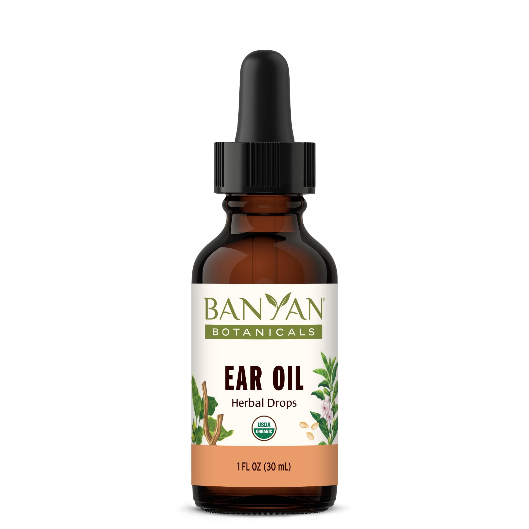 Huile d'oreille Banyan Botanicals en bouteille, nourrissante et apaisante.