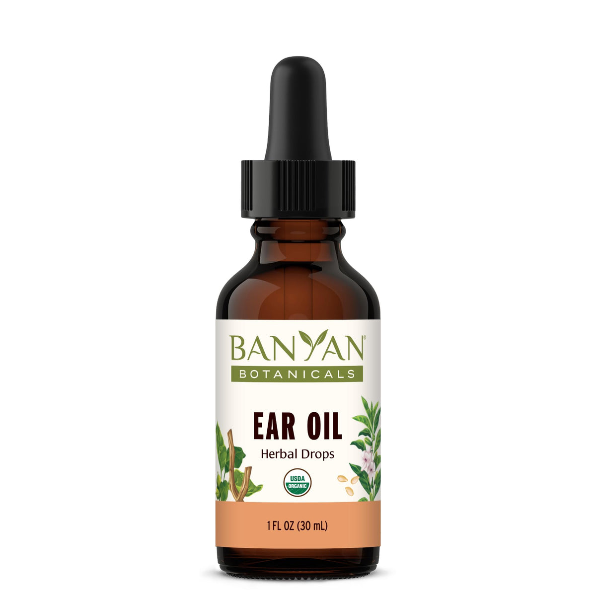 Huile d'oreille Banyan Botanicals en bouteille, nourrissante et apaisante.