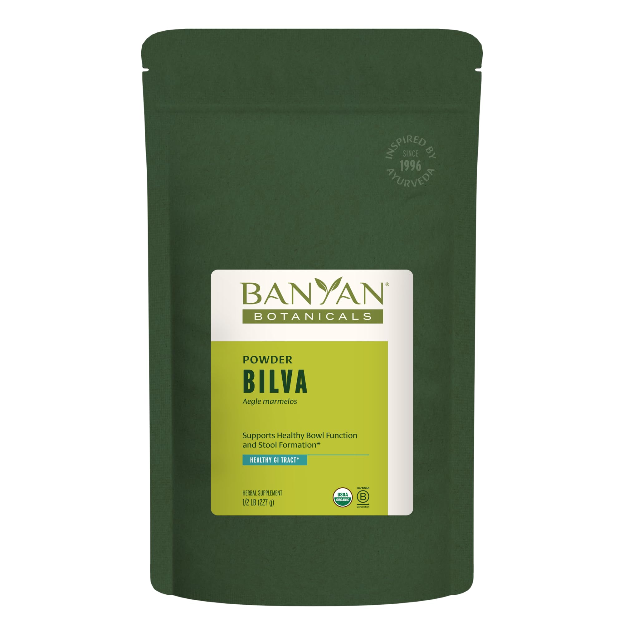 Poudre Bilva Banyan Botanicals – emballage et qualité biologique.