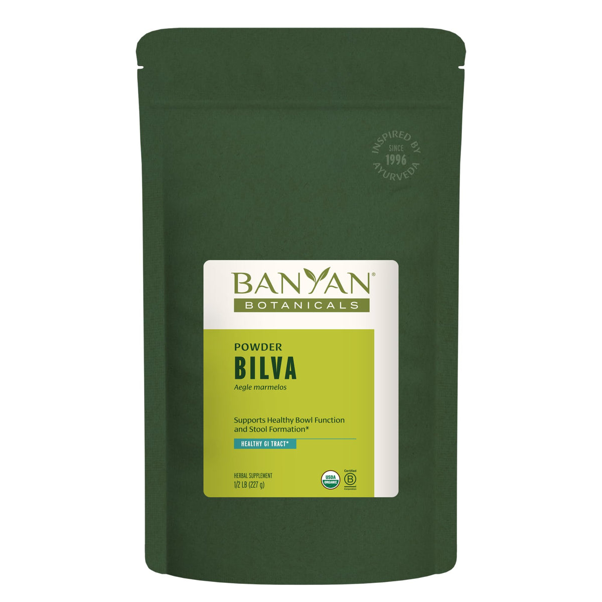 Poudre Bilva Banyan Botanicals – emballage et qualité biologique.