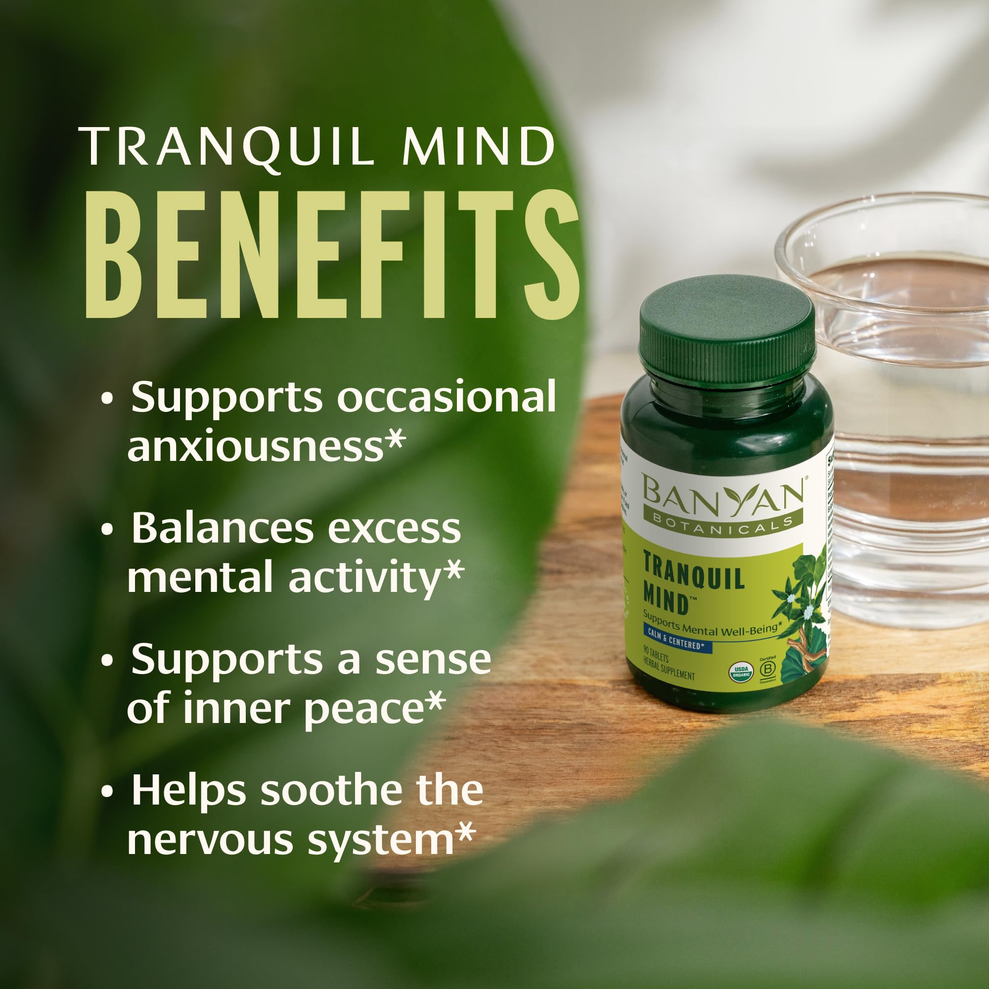 Boîte Tranquil Mind, Banyan Botanicals, présentation nette et facile à ranger.