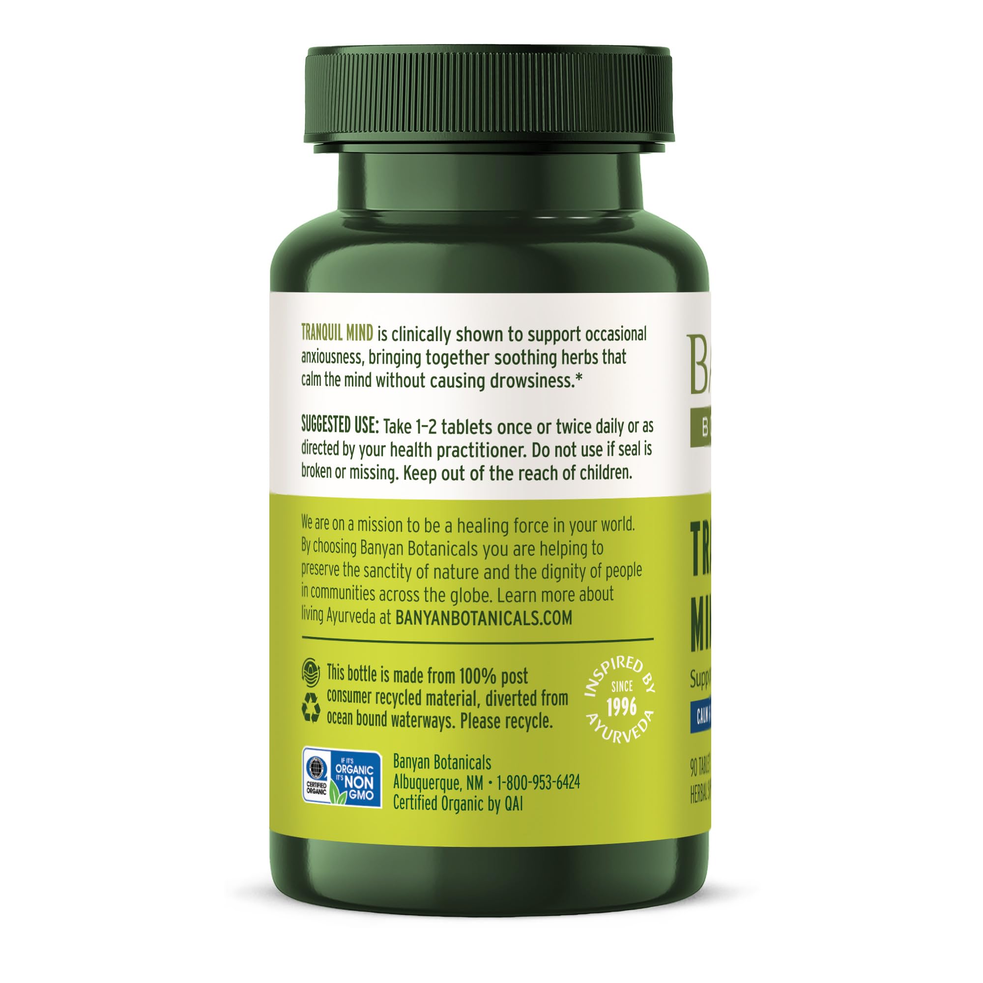 Ambiance sereine avec Tranquil Mind, Banyan Botanicals, effet calme sans somnolence.