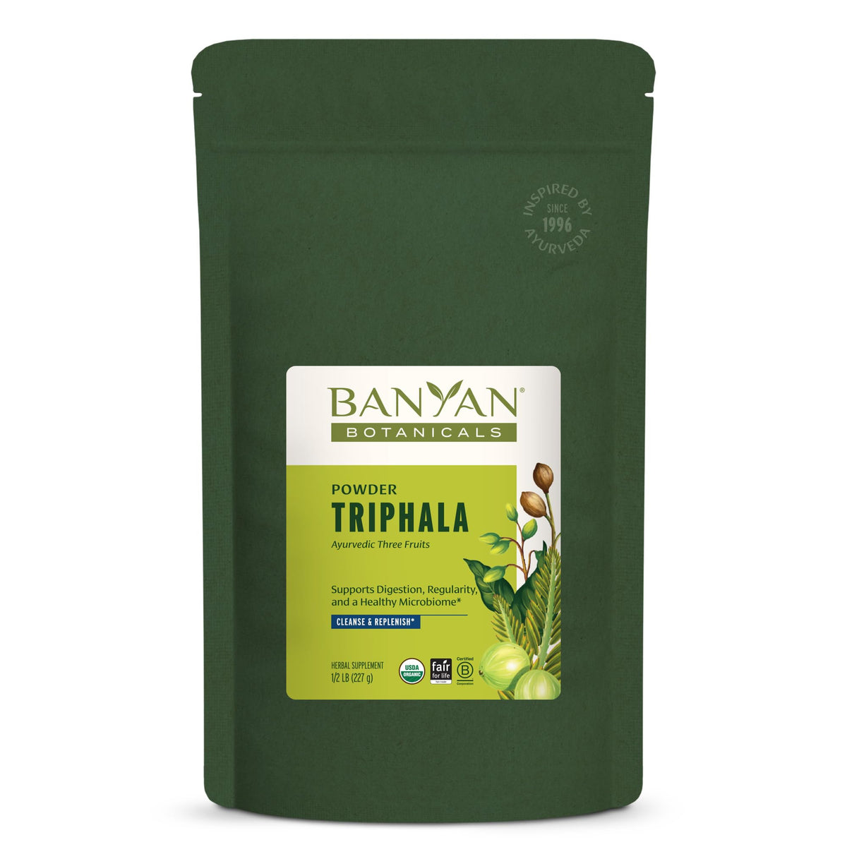 Banyan Botanicals Triphala poudre bio, bouteille, favorise une digestion équilibrée naturellement.