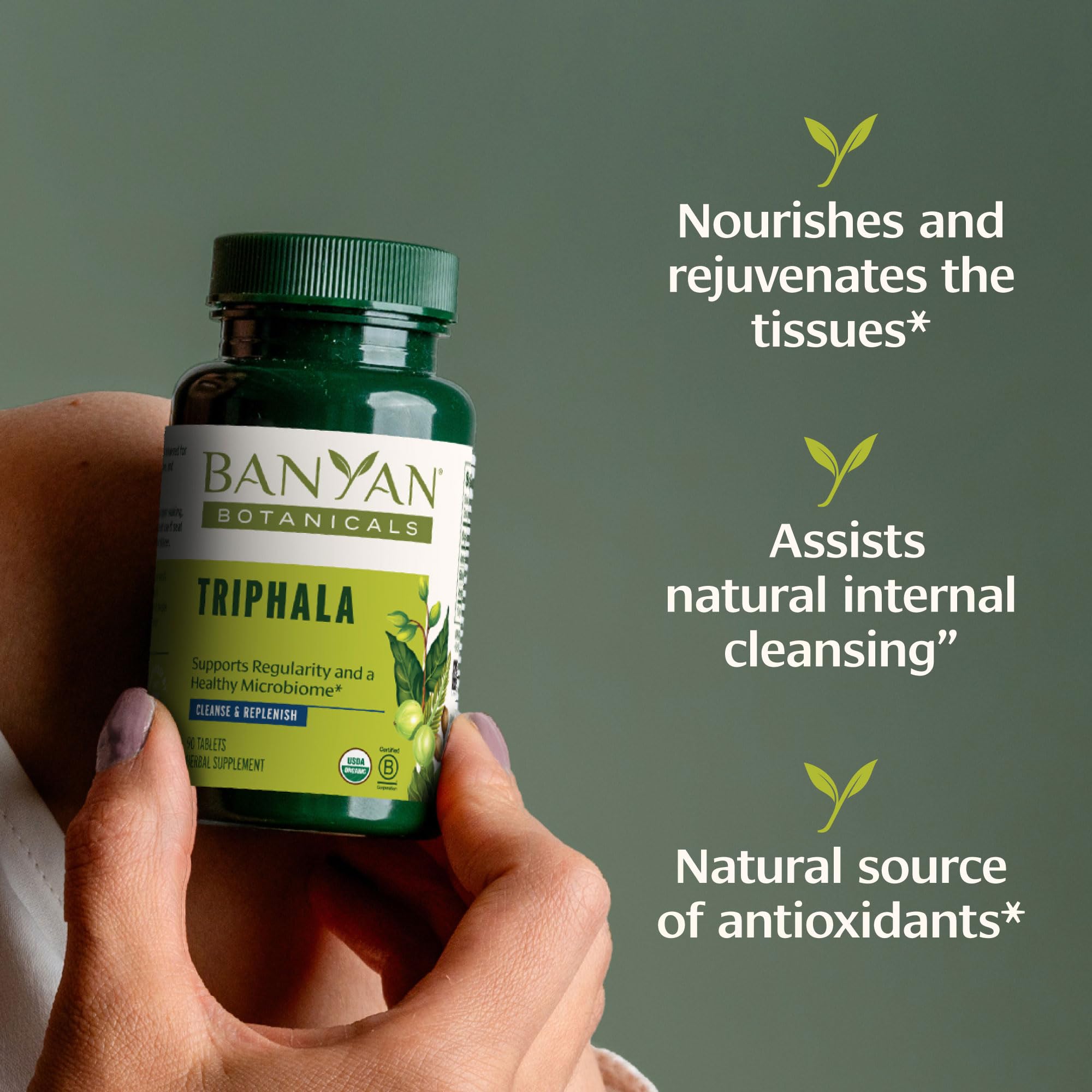 Triphala Banyan Botanicals dans emballage carton, présentation naturelle