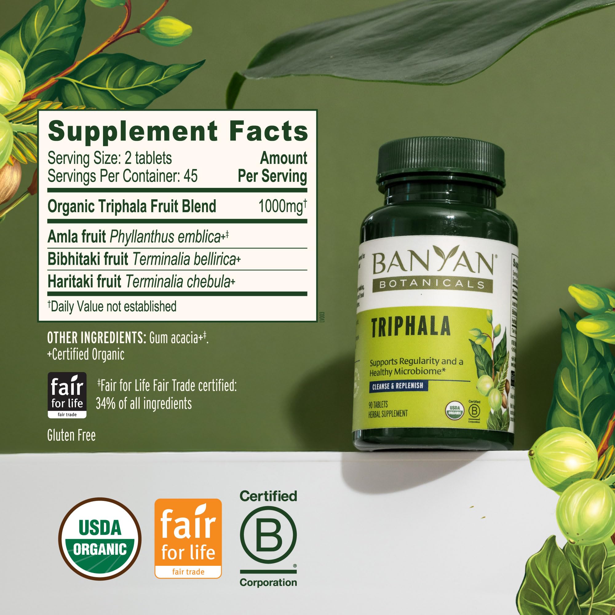 Étiquette Triphala Banyan Botanicals affichant ingrédients Amla Haritaki Bibhitaki