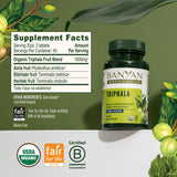 Étiquette Triphala Banyan Botanicals affichant ingrédients Amla Haritaki Bibhitaki
